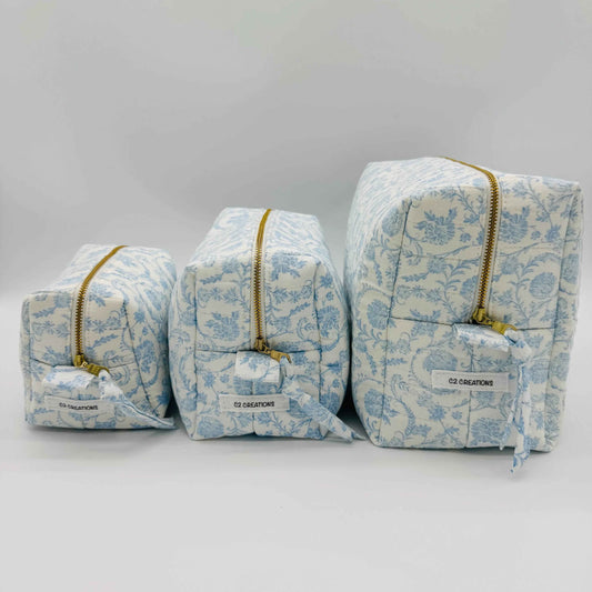 Handmade Blue Floral Makeup Bag - Unique Boxy Cosmetic Storage
